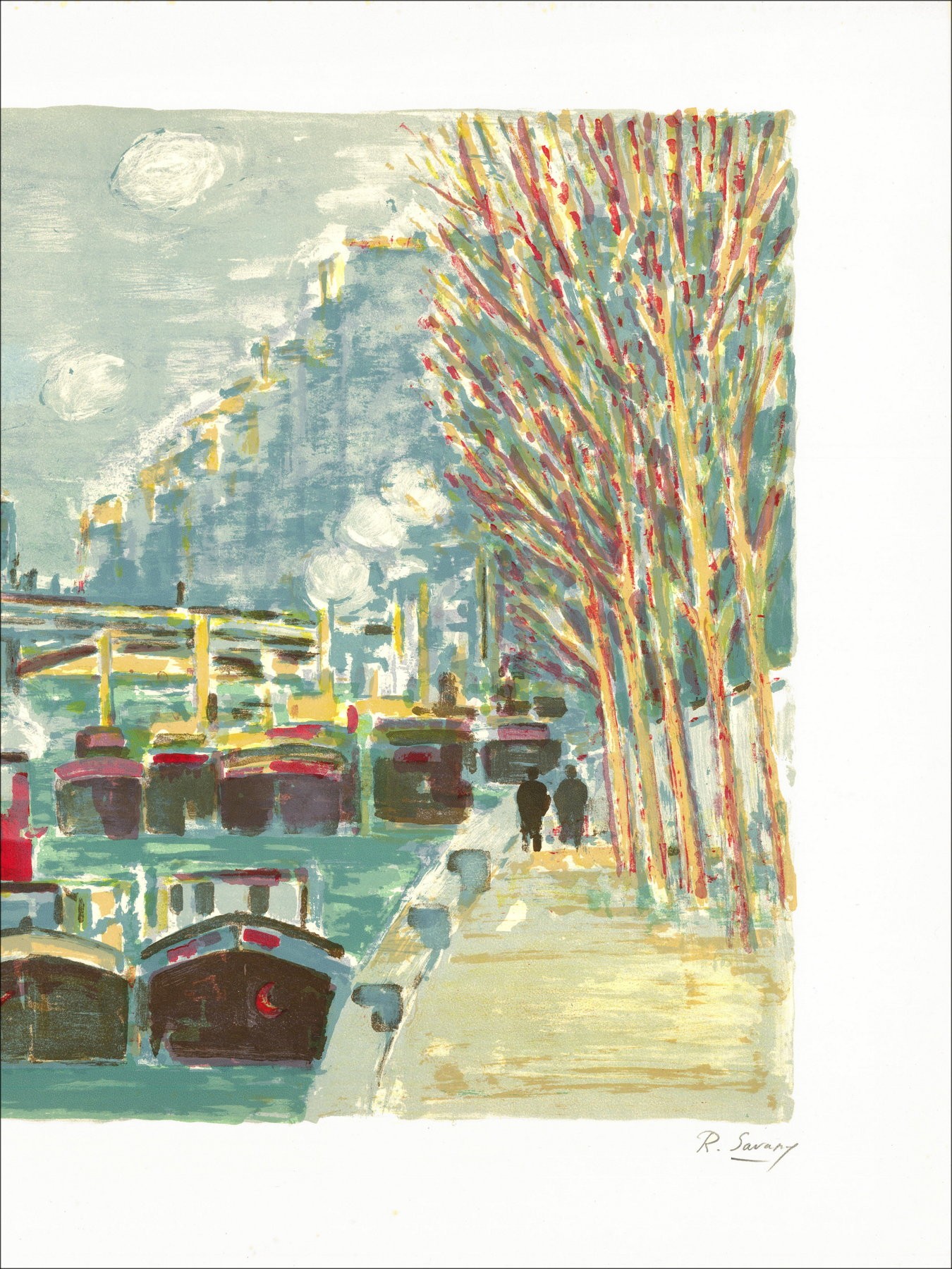 Robert Savary - Paris, The barges on the Seine - Signed lithograph