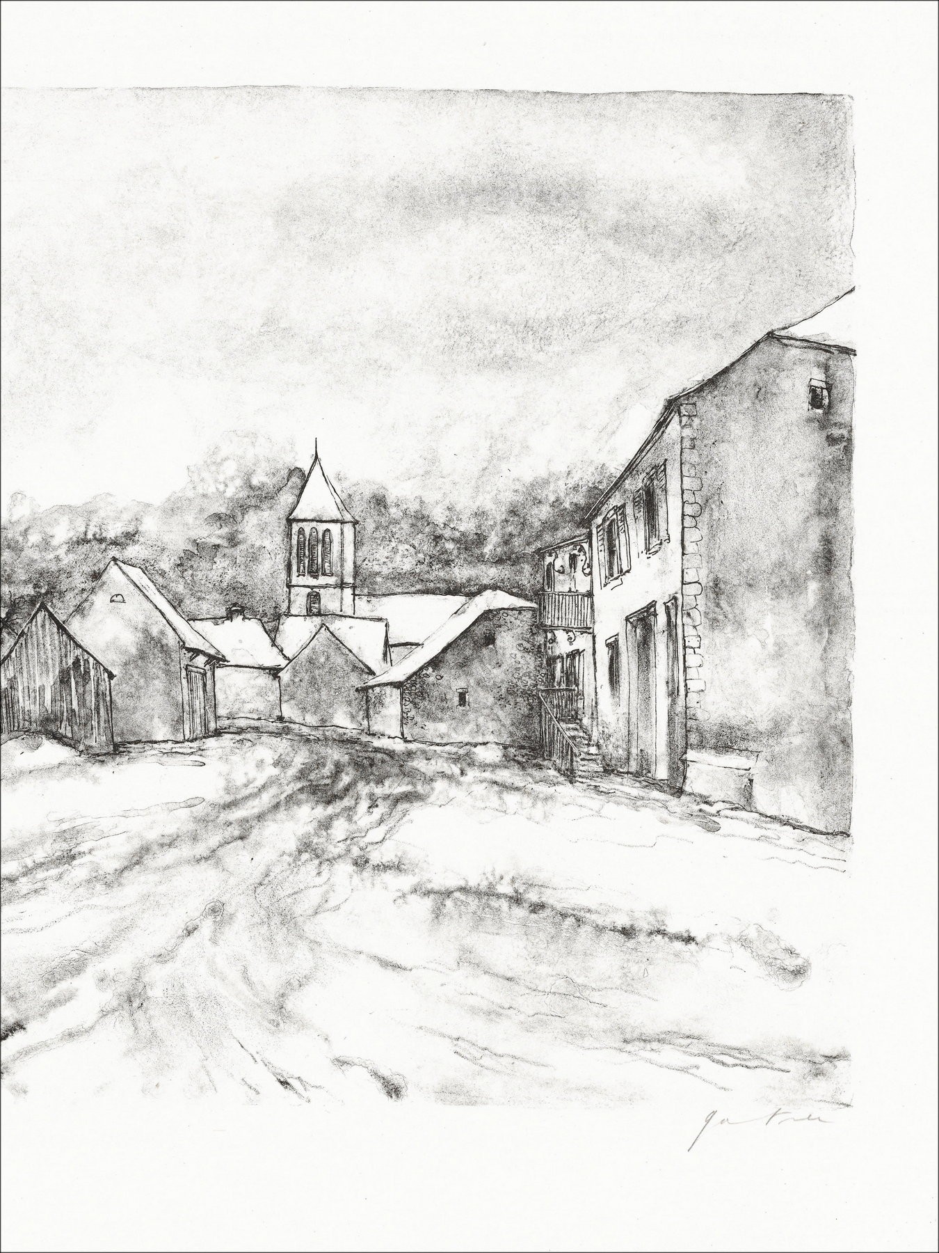 Bernard Gantner - Das Dorf, unterzeichnete Lithographie
