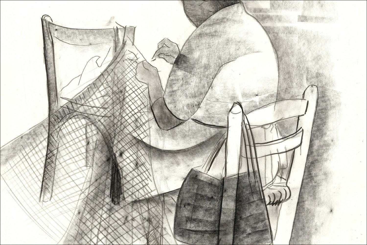 Louis TOFFOLI - Dessin original "Remailleuse de filets" 58x44cm