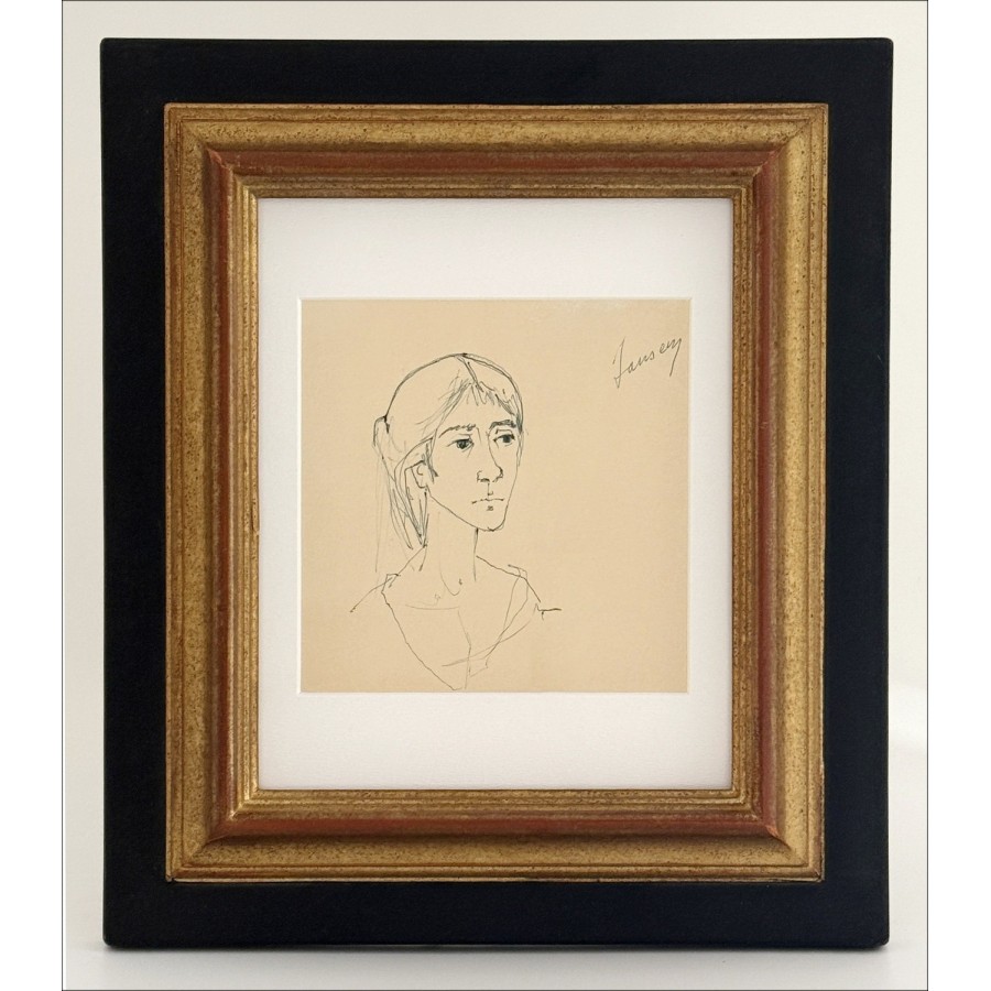 Jean Jansem: Portret van de vrouw - Moose Tekening in inkt, ondertekend