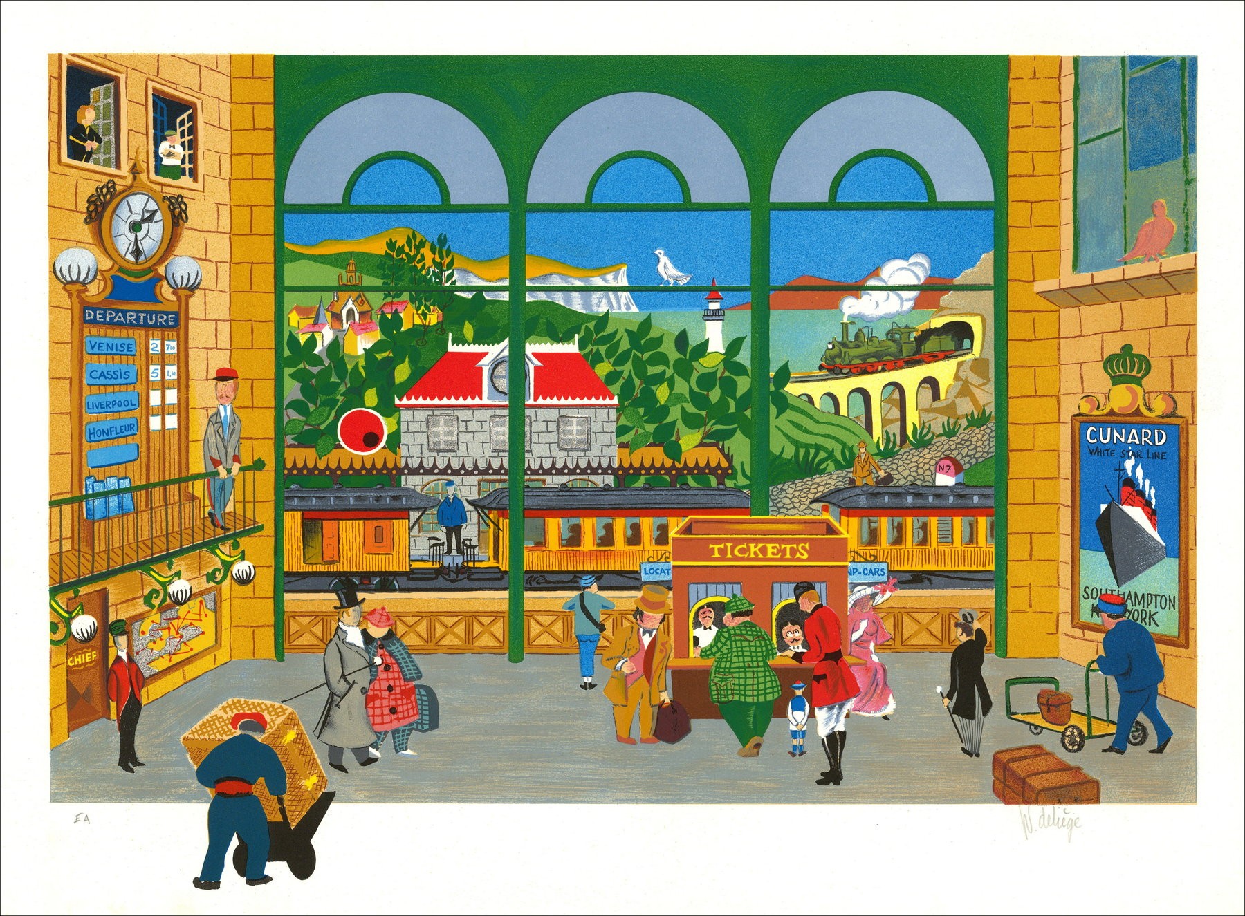 William Deliège – Gare animée, lithographie signée