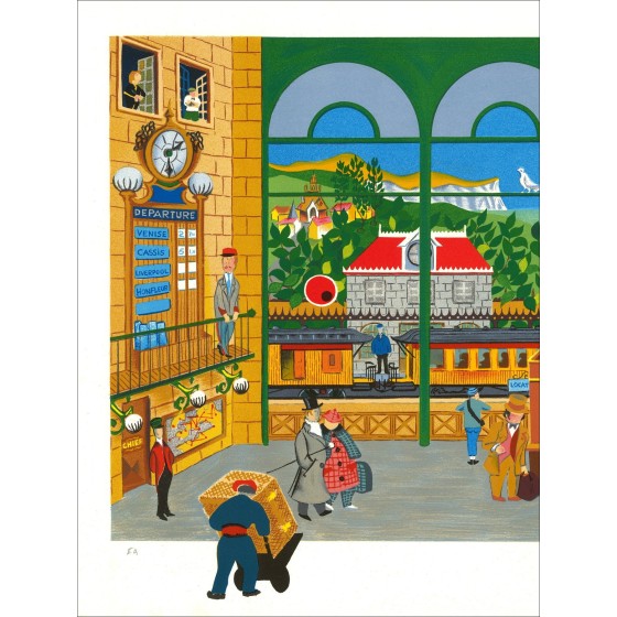 William Deliège – Gare animée, lithographie signée