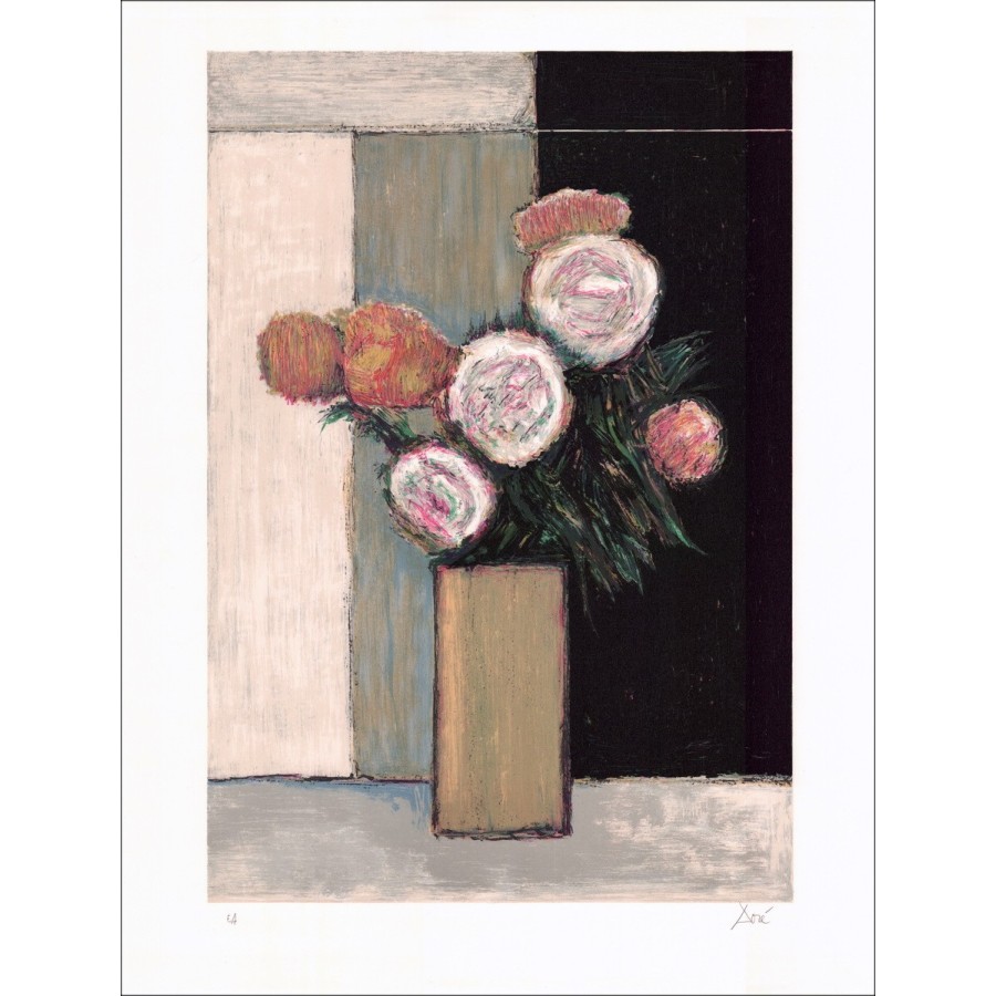 GOLDEN - Original Lithograph "Bouquet of flowers in a brown vase"