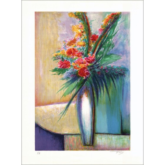 TORRES - Original-Lithographie "Blumenstrauß der Blume in einem weißen Vase"