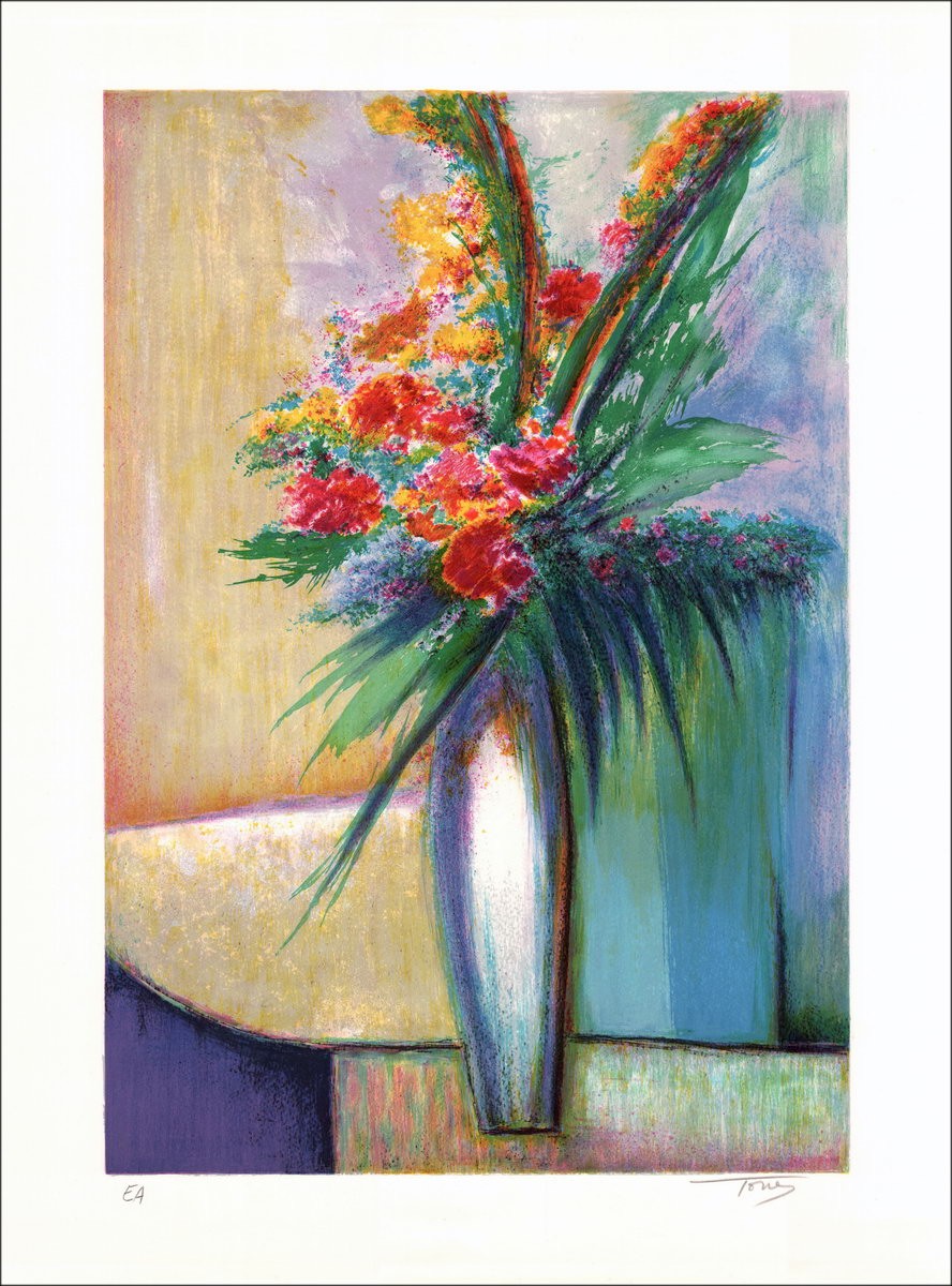 TORRES - Lithographie Originale "Bouquet de fleur dans un vase blanc"