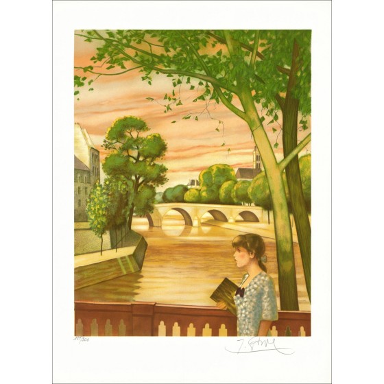 Yves Ganne - Frau am Ufer der Seine, Lithographie