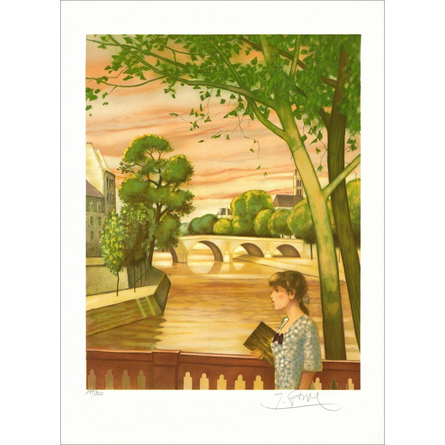 Yves Ganne - Frau am Ufer der Seine, Lithographie