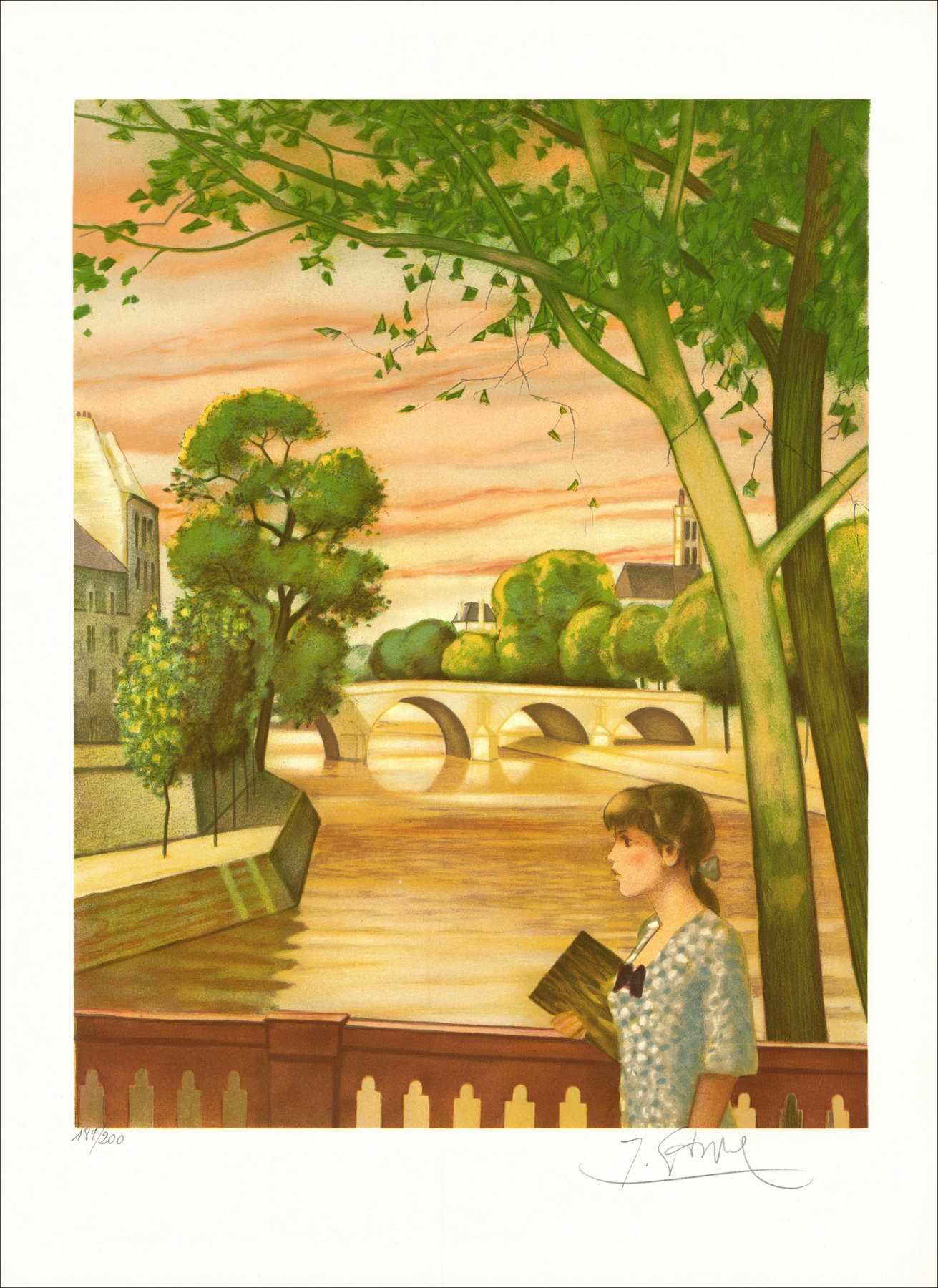 Yves Ganne - Frau am Ufer der Seine, Lithographie