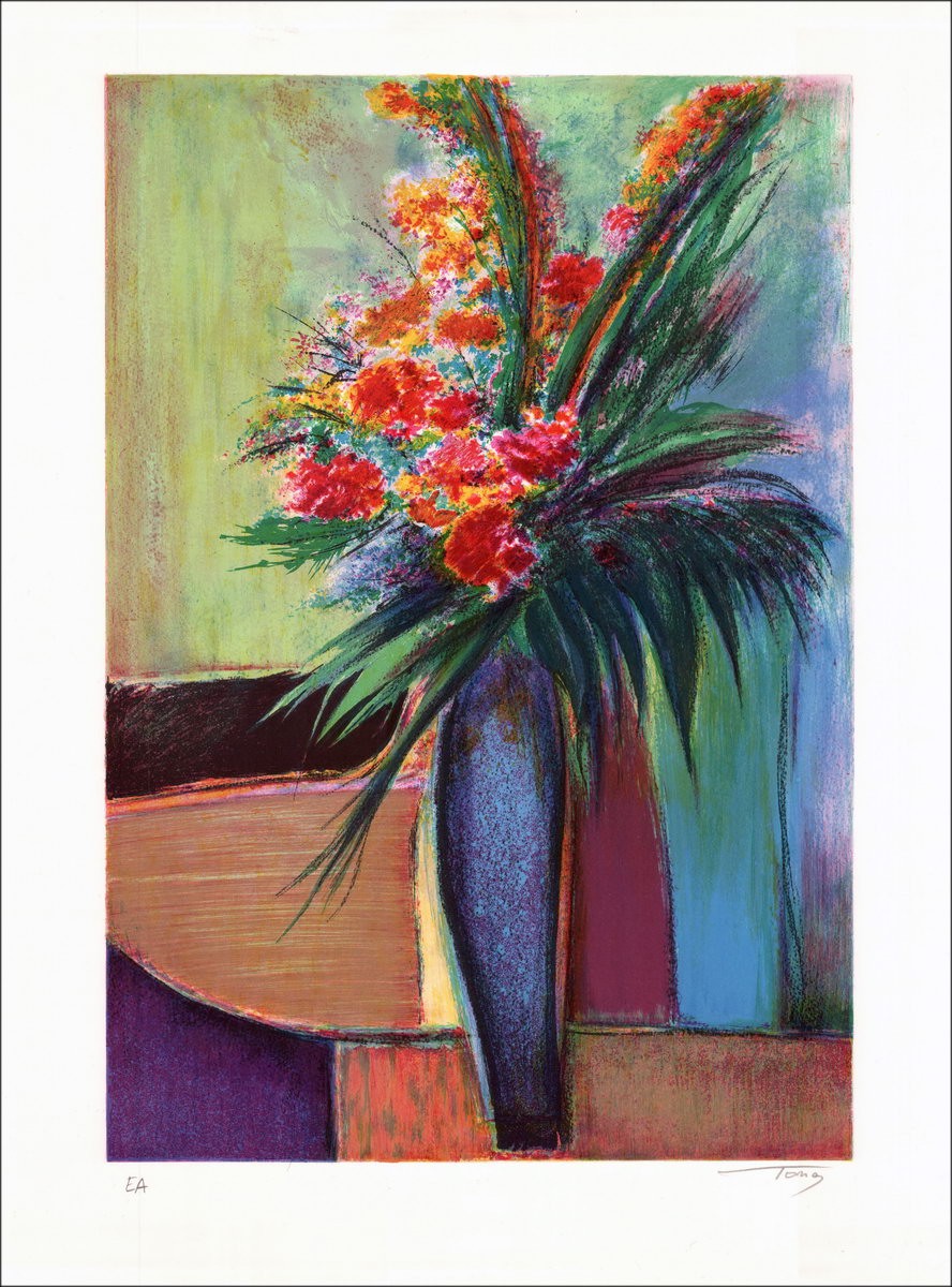 TORRES - Lithographie Originale "Bouquet de fleur dans un vase bleu"