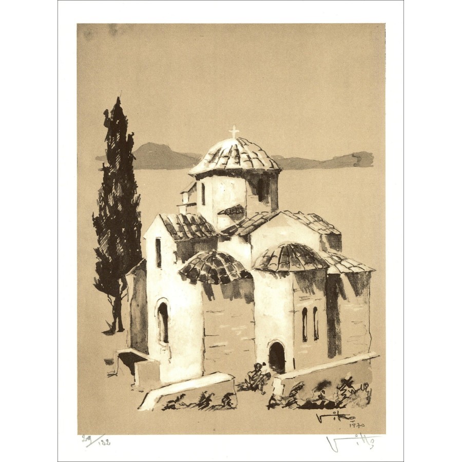 Victor Viko - de kerk (1970), ondertekende lithografie