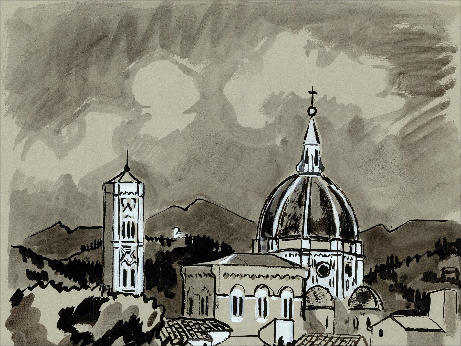 Yves Brayer - Florenz, Originalzeichnung