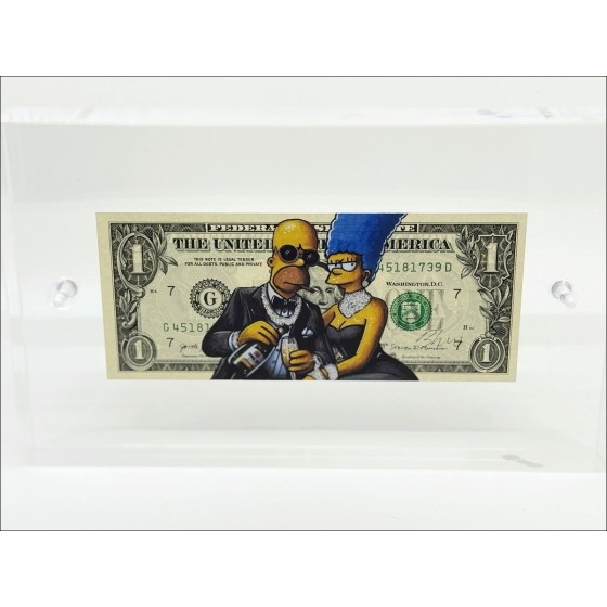 PAZBLANDINA - Dibujo original en dólares $ "Homer y Marge Simpson" 6,6x15,6cm - 2025