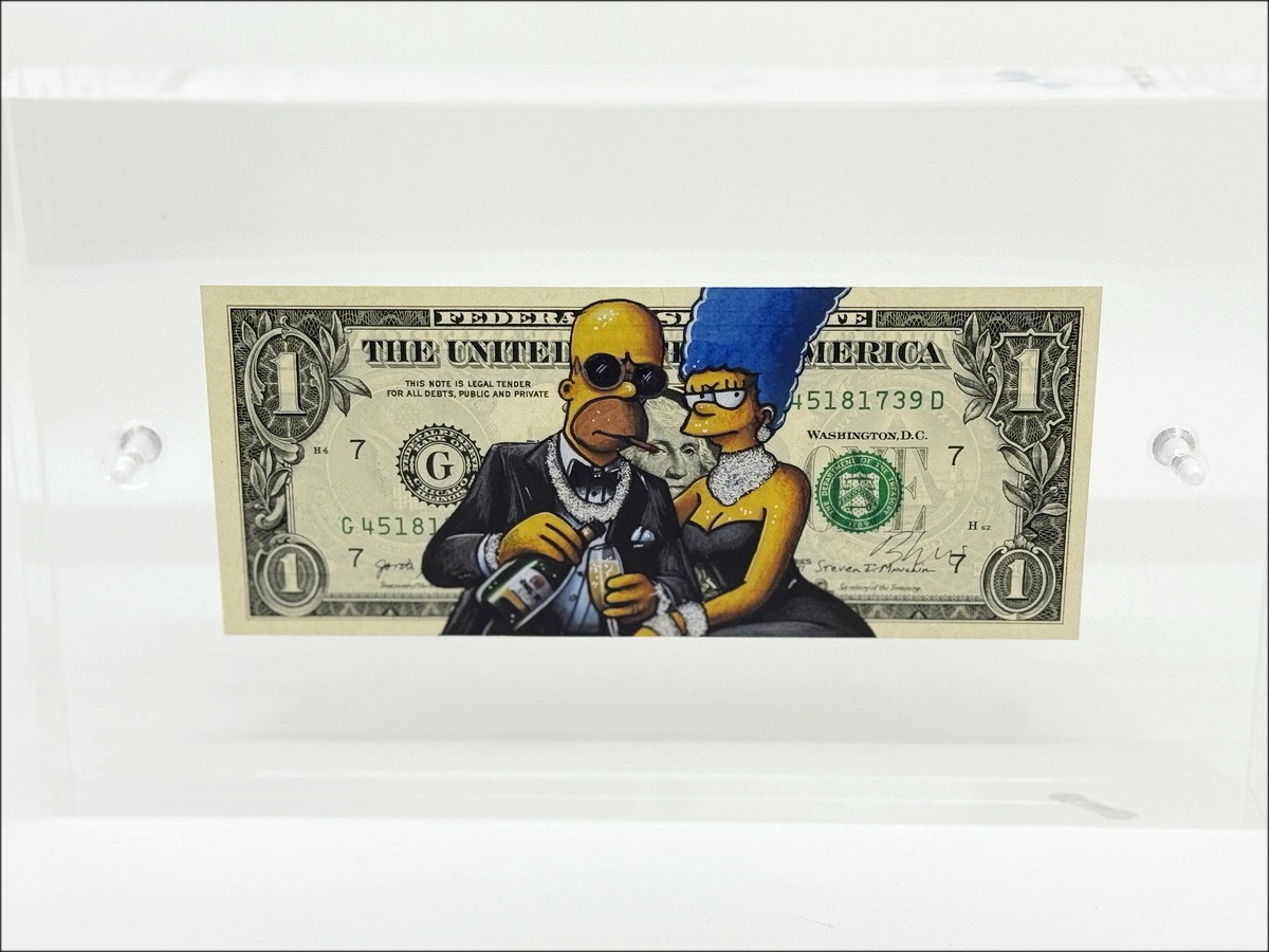 Dessin original en technique mixte sur Dollar $ "Marge Simpson" 6,6x15,6cm - 2021