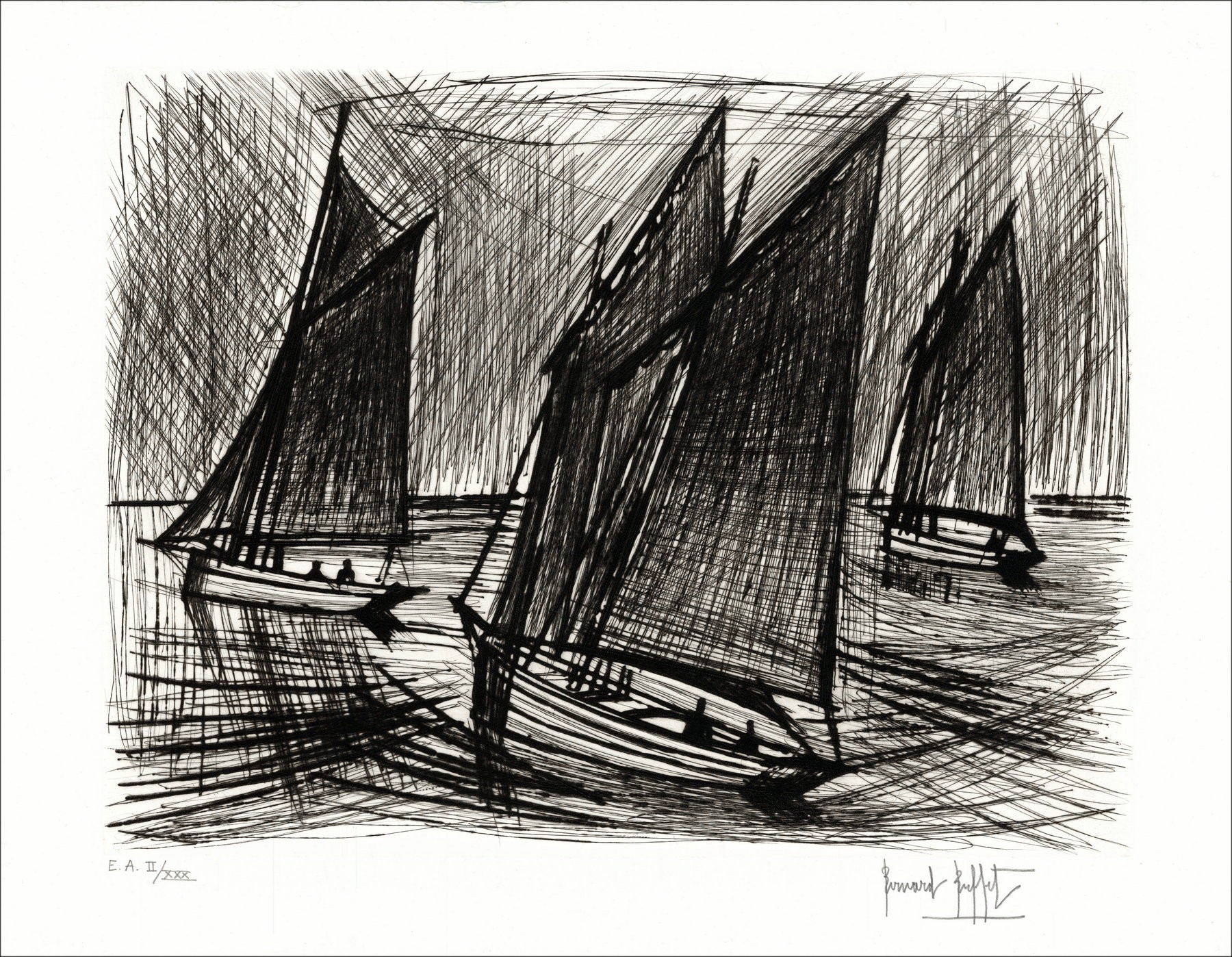 Bernard Buffet – Sailing boats off, original engraving