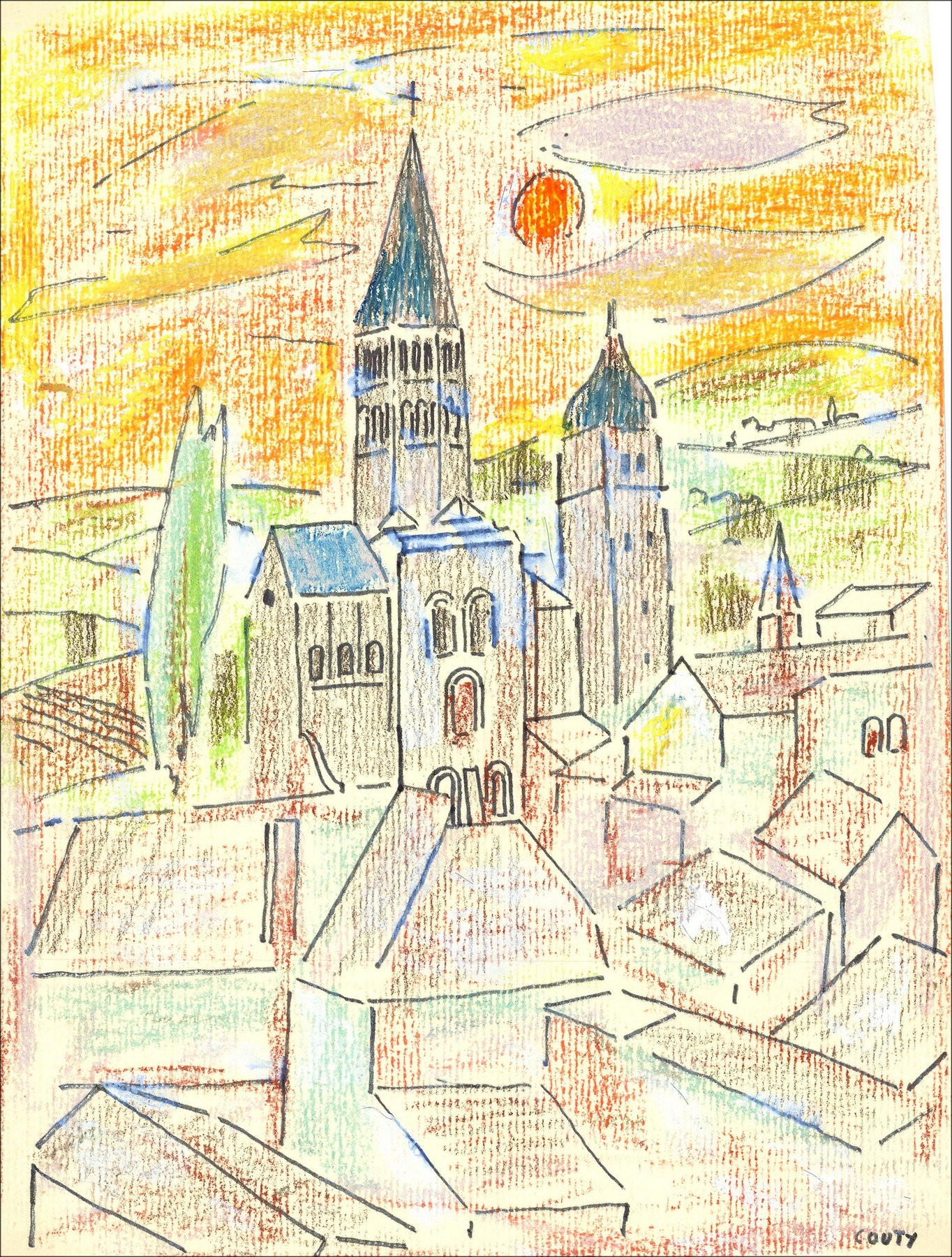 Jean Couty – Cluny Abbey, dibujo original