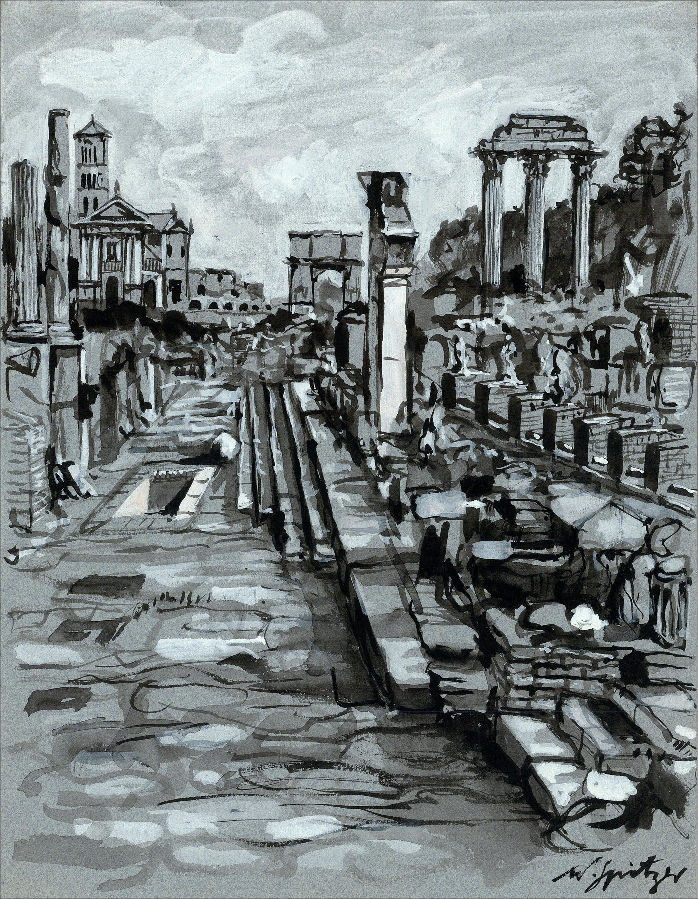 SPITZER Walter : El Foro Romano Dibujo original en tinta sobre papel
