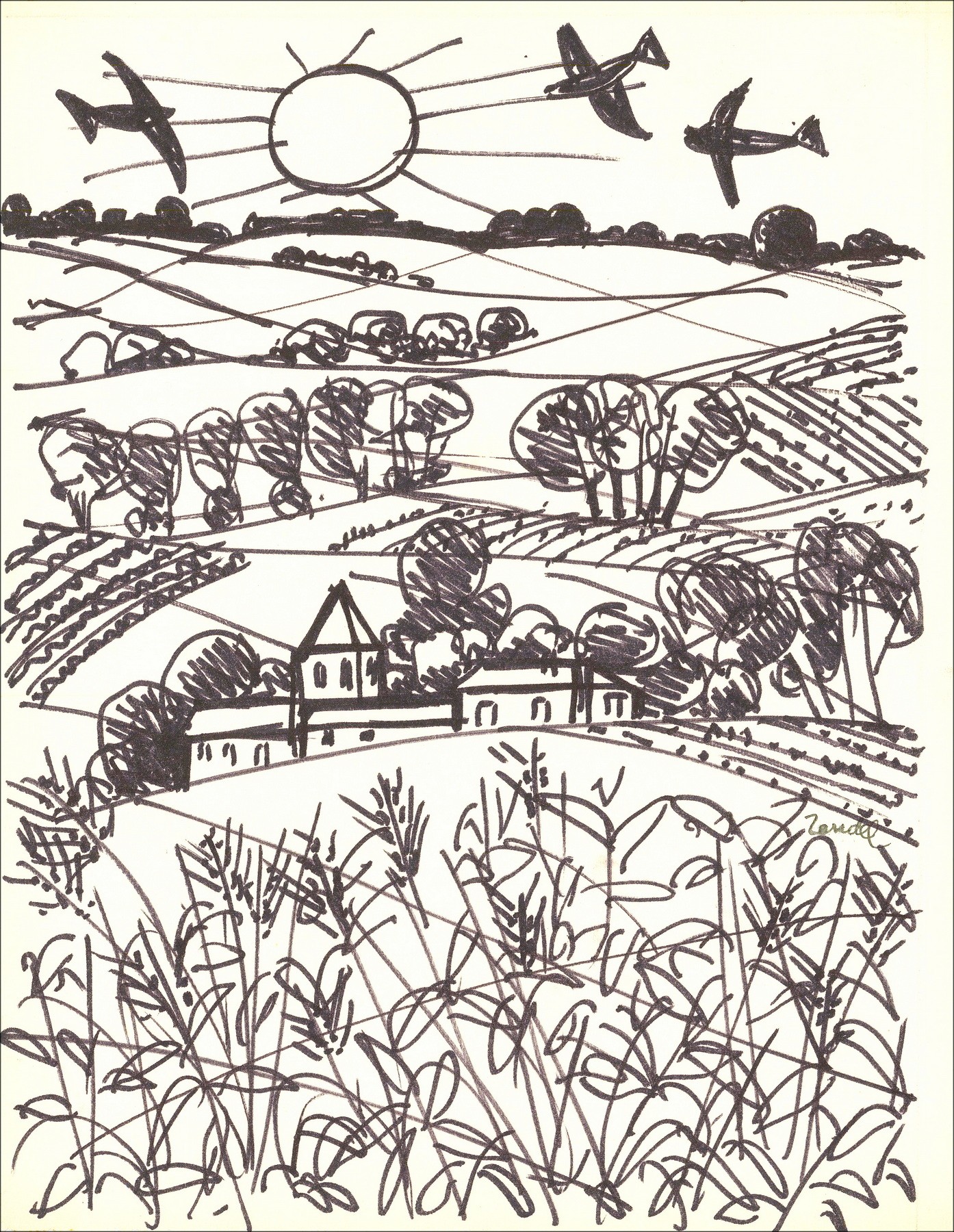 Gabriel Zendel - Campagne Landschap, originele tekening