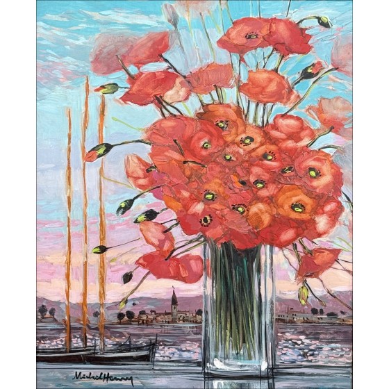 MICHEL-HENRY - Öl auf Leinwand "Blumenstrauß von Mohnblumen auf einem Meeresboden"