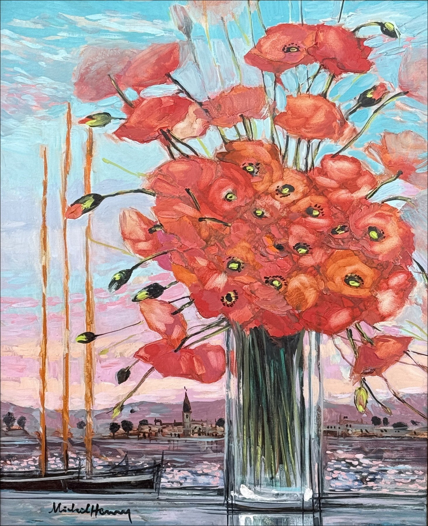 MICHEL-HENRY - Öl auf Leinwand "Blumenstrauß von Mohnblumen auf einem Meeresboden"