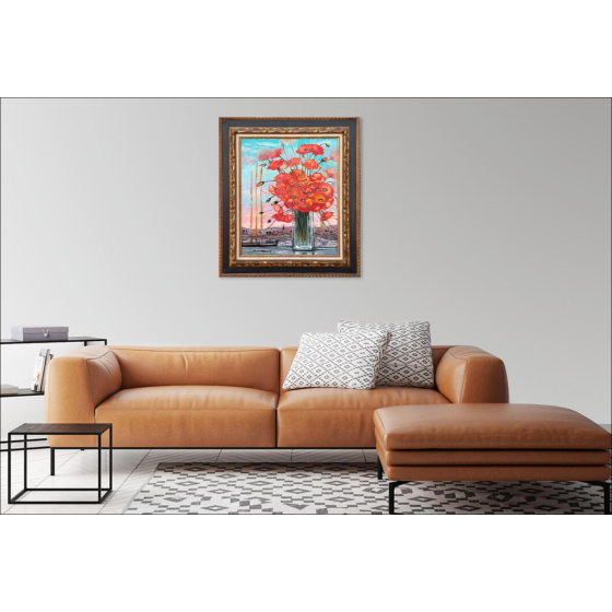 MICHEL-HENRY - Öl auf Leinwand "Blumenstrauß von Mohnblumen auf einem Meeresboden"
