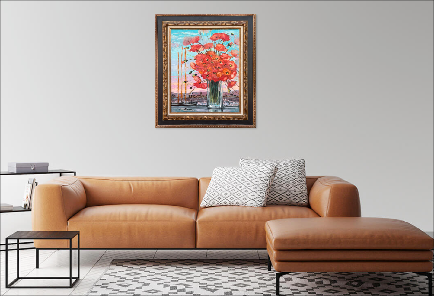 MICHEL-HENRY - Huile sur toile "Bouquet de coquelicots sur fond marin"