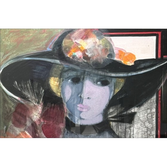 Camille Hilaire – Acquerello originale, Donna con mazzo (61x40cm)