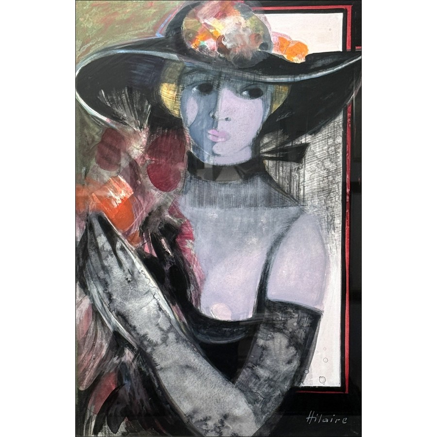 Camille Hilaire – Acuarela original, Mujer con ramo (61x40cm)