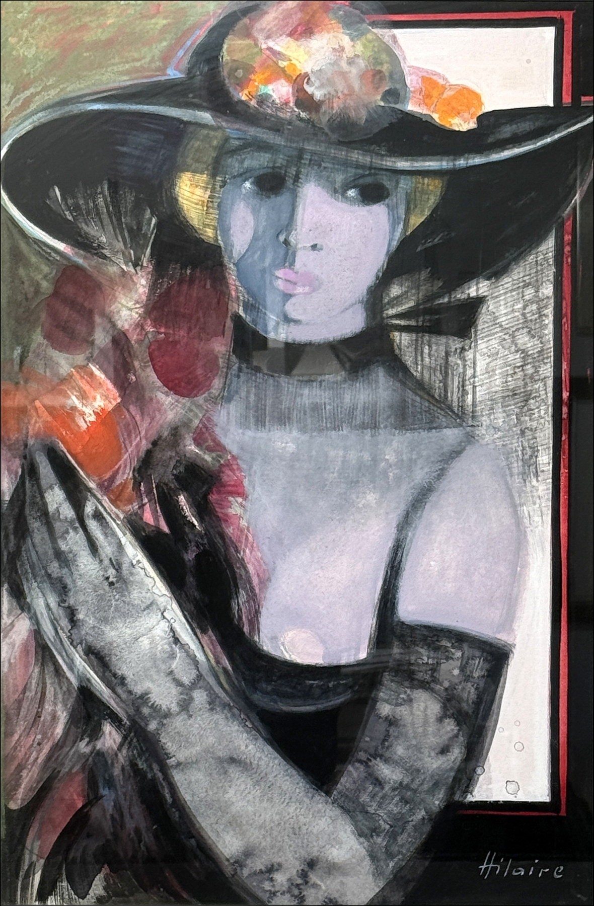 Camille Hilaire – Acquerello originale, Donna con mazzo (61x40cm)
