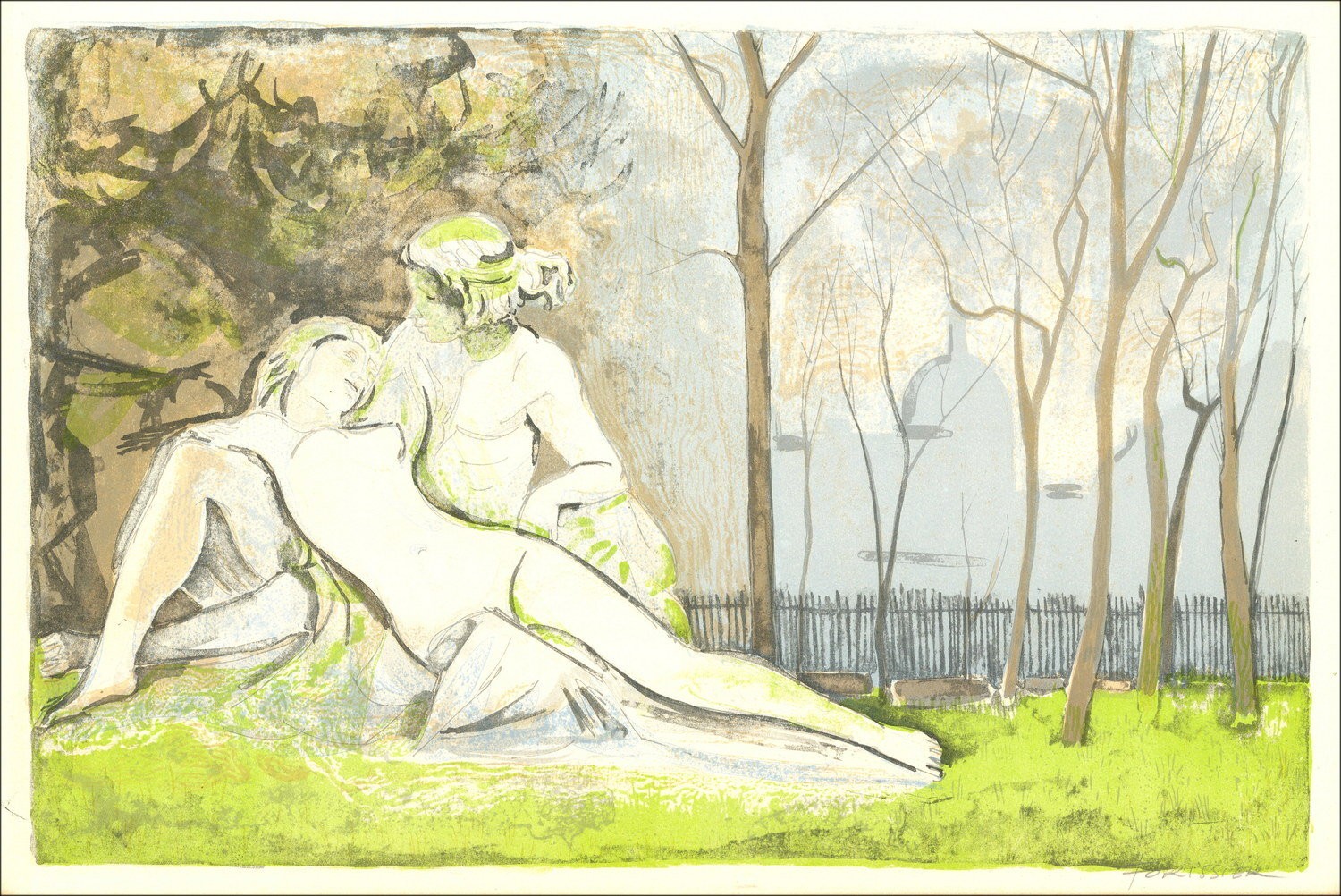 Roger Forissier – Litografia firmata "Coppia in giardino"