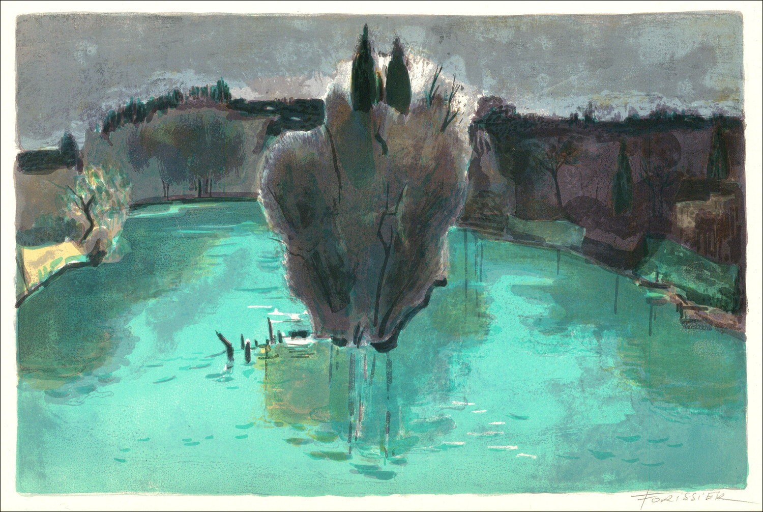 Roger Forissier – Reflexiones de la isla sobre el lago turquesa, litografía 1971