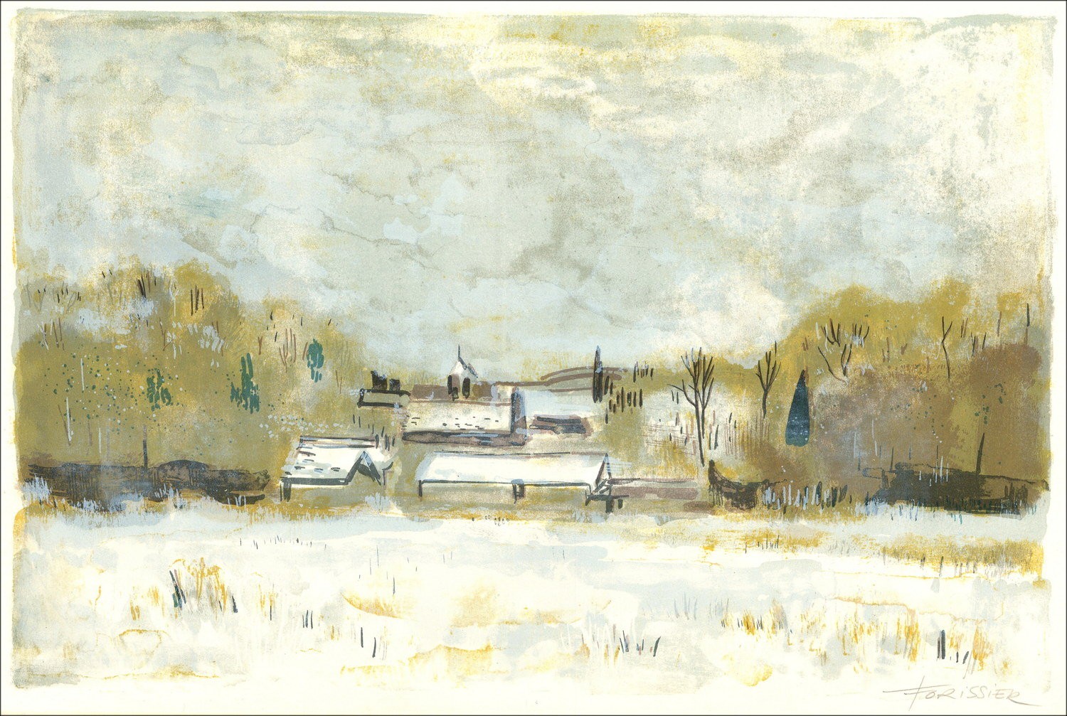 Roger Forissier - Dorf unter dem Schnee, Lithographie 1971