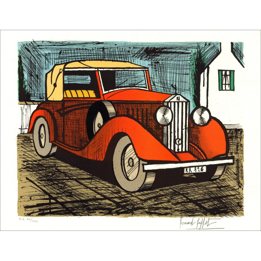 Bernard Buffet - Rolls Royce 1926 Rood, origineel ondertekend litho