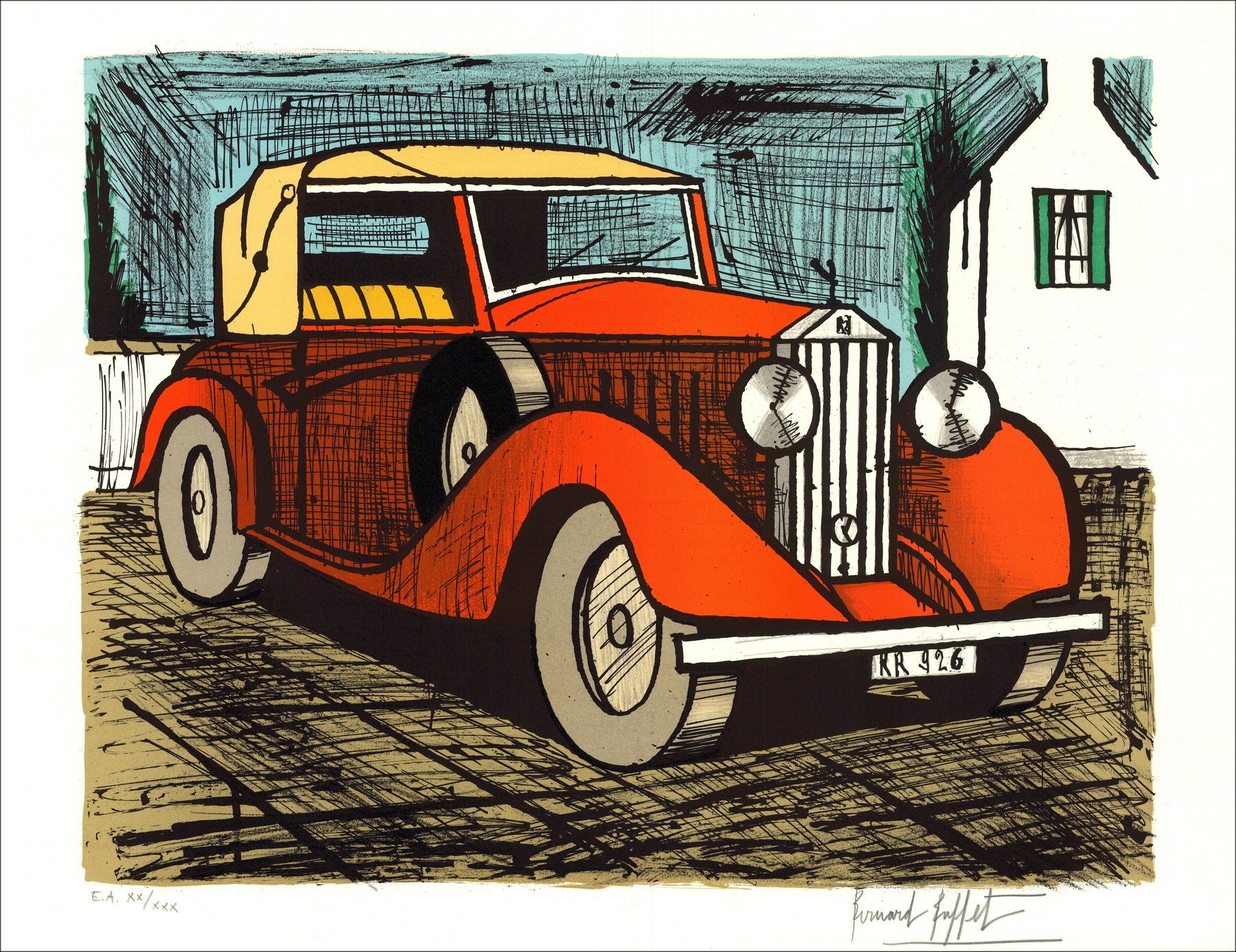 Bernard Buffet – Rolls Royce 1926 rosso, litografia originale firmata