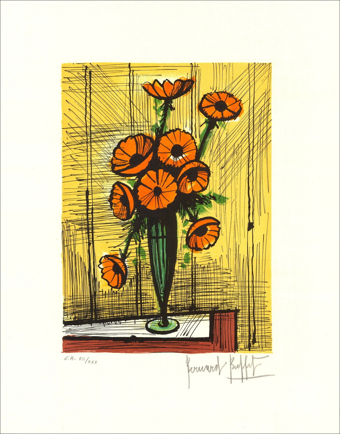 Bernard Buffet – Fiore di preoccupazioni, litografia originale firmata