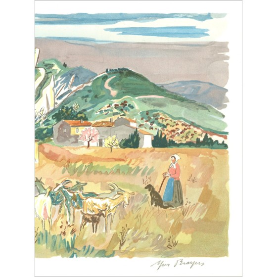 Yves BRAYER : Lithographie Originale "Vue de Provence, le Mas"