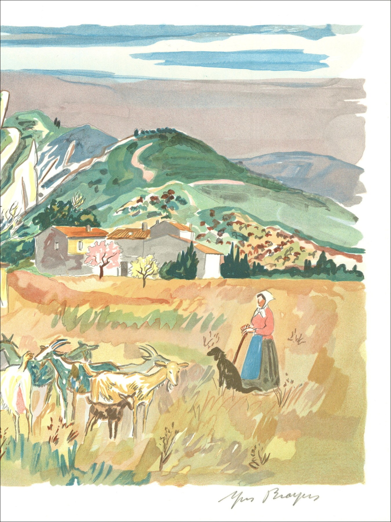 Yves Brayer: Litografía original "Vista de Provence, Mas"