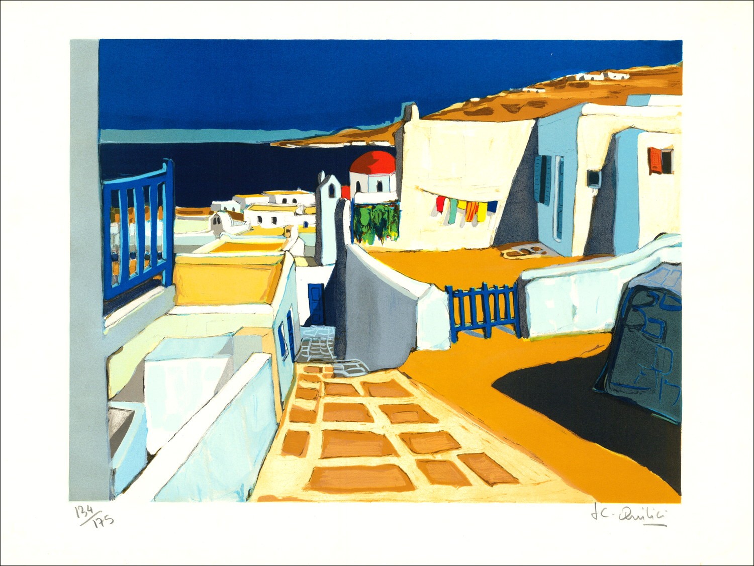 Jean-Claude Quilici - Lithoh "Griekenland, Weergave van Mykonos" ondertekend