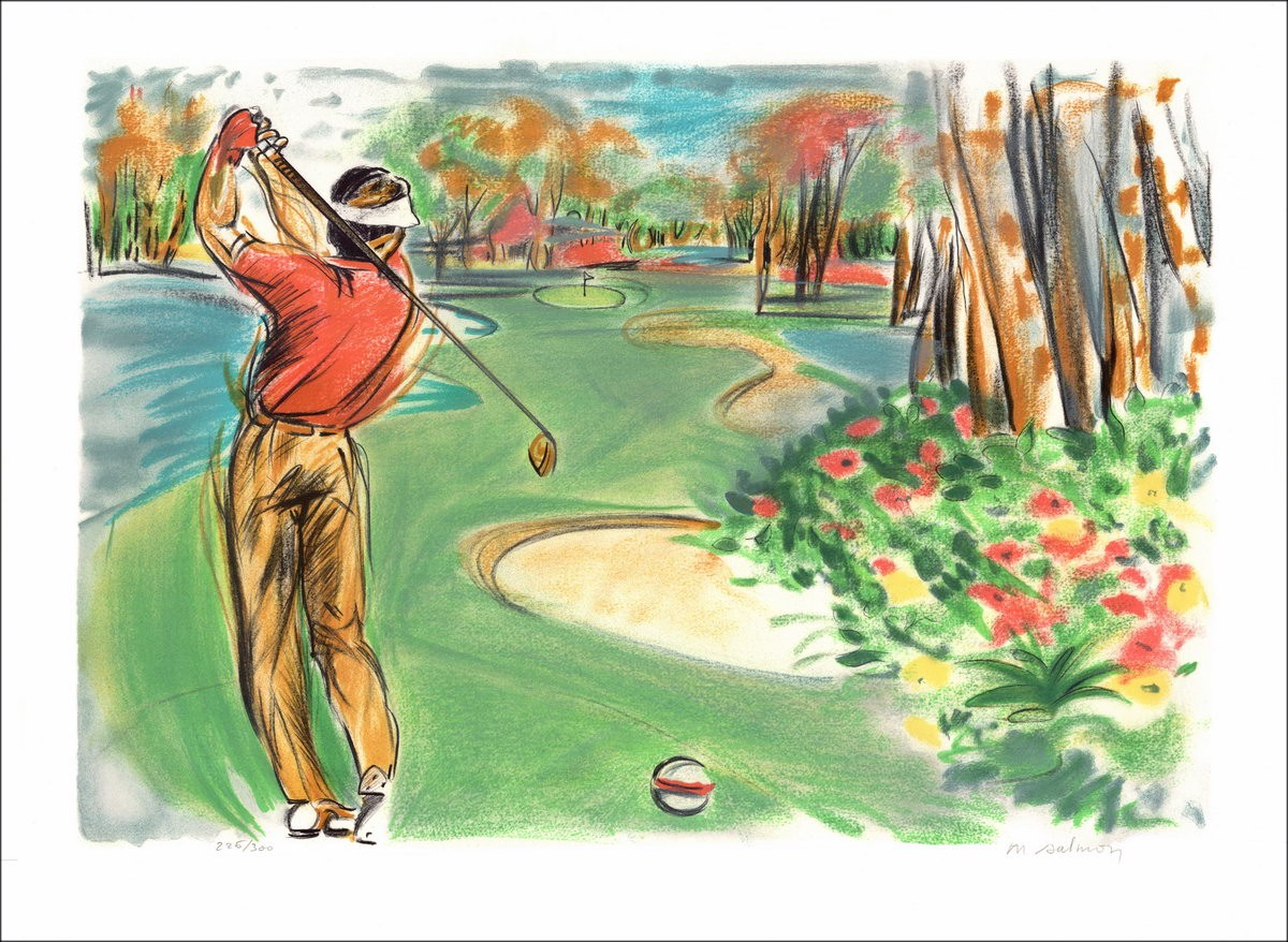 Michèle SALMON - Litografia originale "Golfista, l'avvicinamento"
