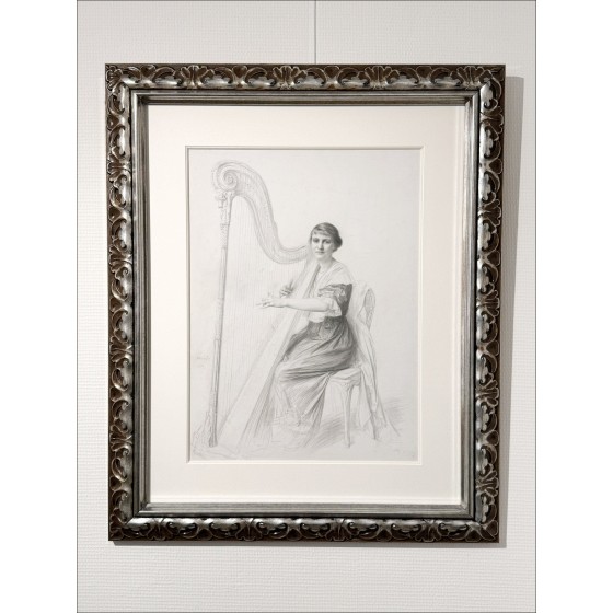 Disegno originale di Emile Friant – Donna all'arpa (1913) - 55x41cm