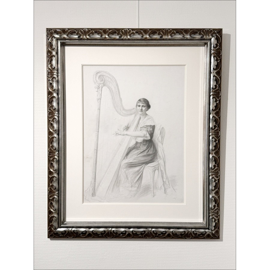 Originele tekening van roestige Émile - vrouw aan de harp (1913) - 55x41cm