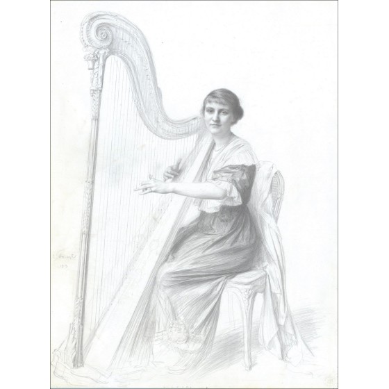 Original dibujo de Émile Friant – Harp woman (1913) - 55x41cm