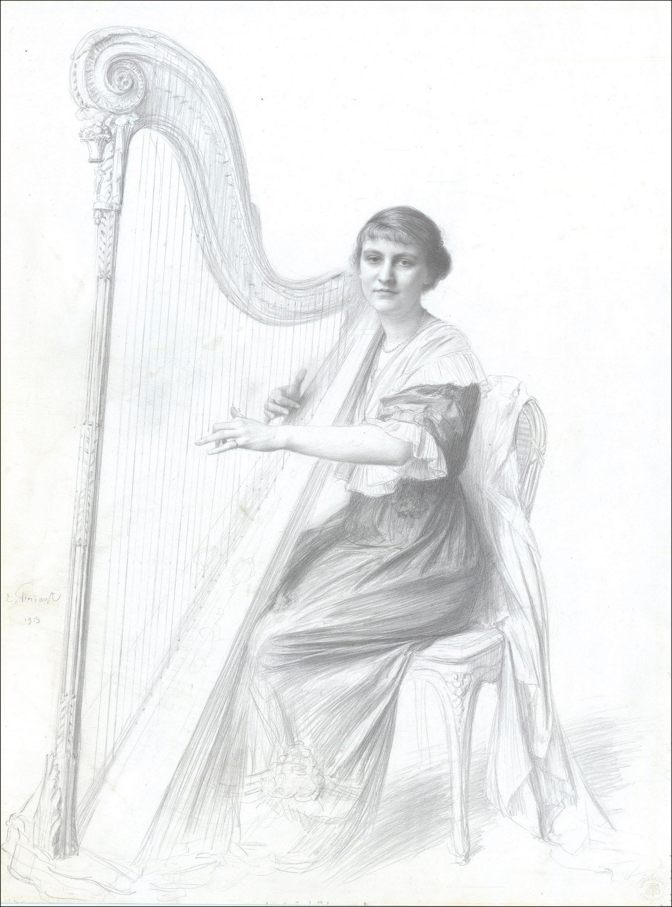 Originele tekening van roestige Émile - vrouw aan de harp (1913) - 55x41cm