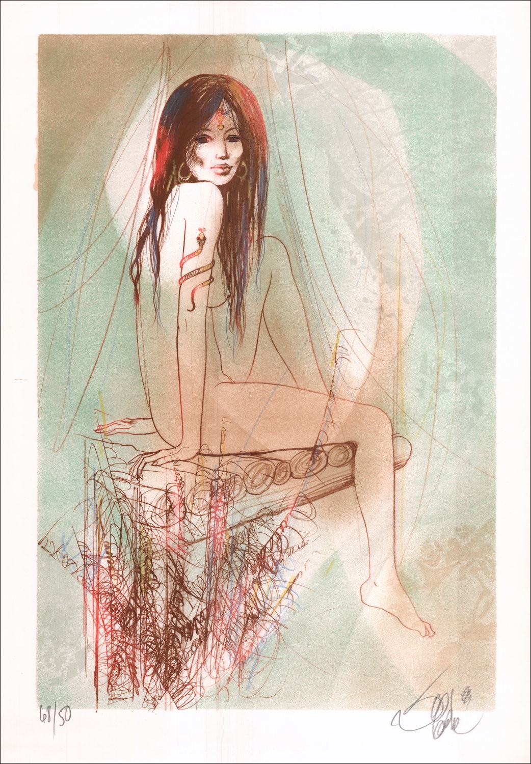 VALADIE Jean-Baptiste "Eva indiana" Litografia originale firmata a matita 55x39cm.