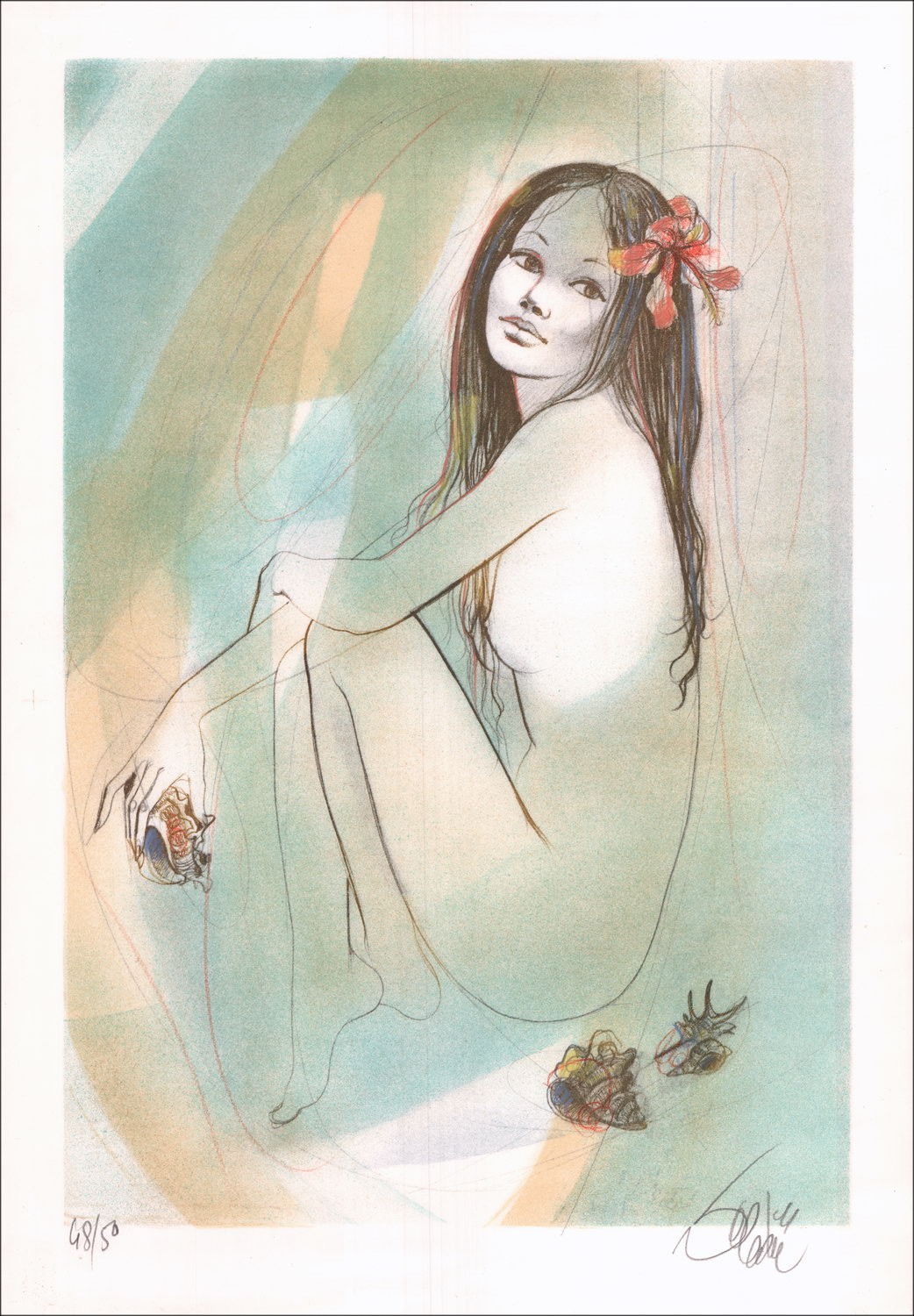 VALADIE Jean-Baptiste "Eva polinesiana" Litografia originale firmata a matita 55x39cm