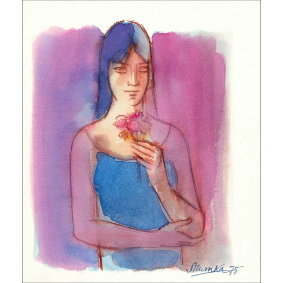 Georges Simonka - Frau mit Blumen (1975), Zeichnung