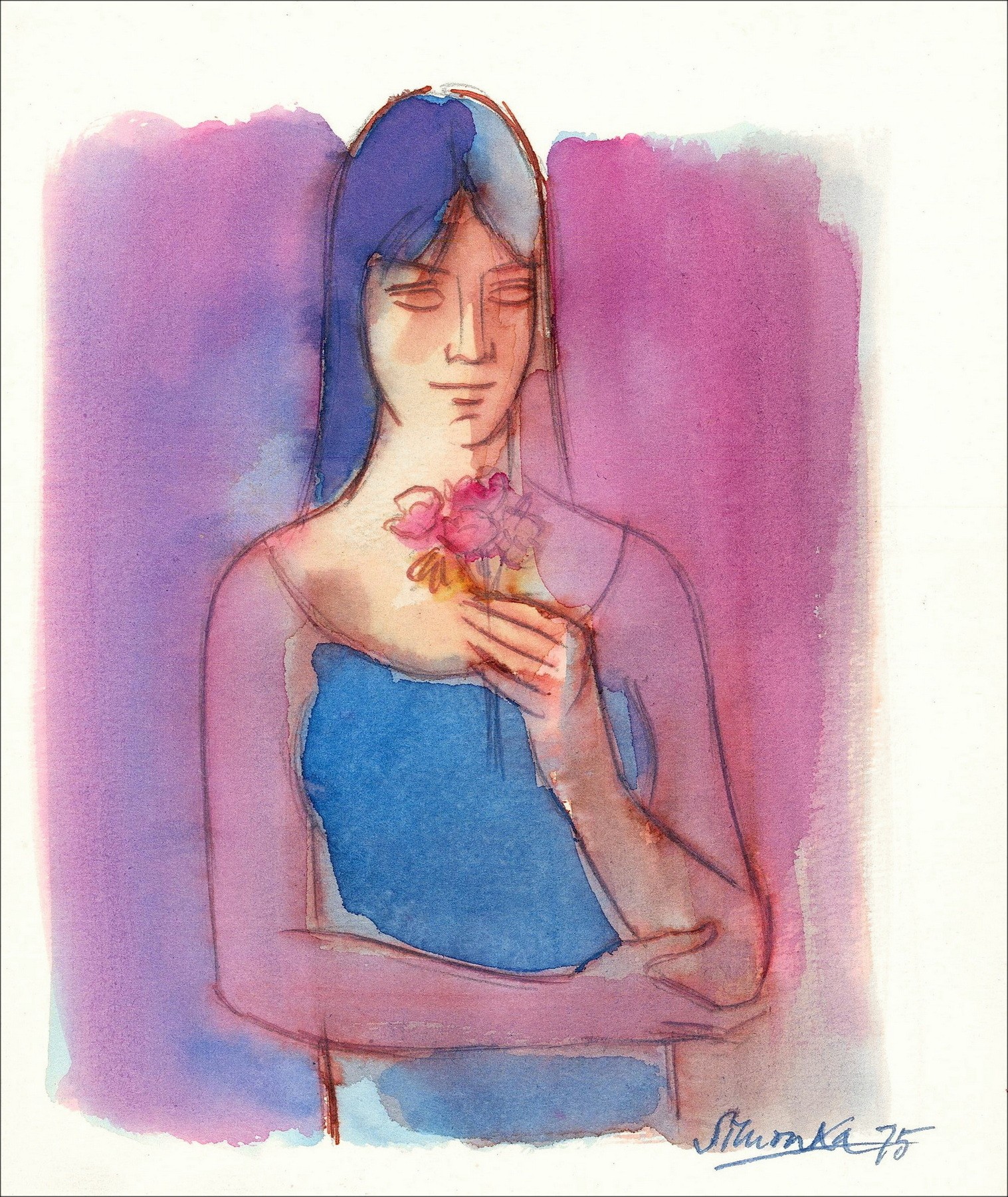Georges Simonka – Femme aux fleurs (1975), dessin