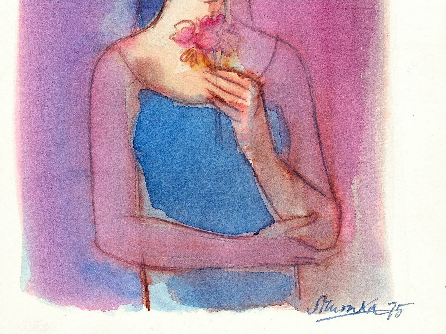 Georges Simonka – Femme aux fleurs (1975), dessin