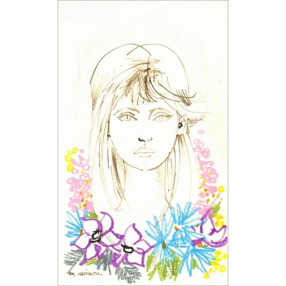 Paul Girol - Blumenportrait, Originalzeichnung