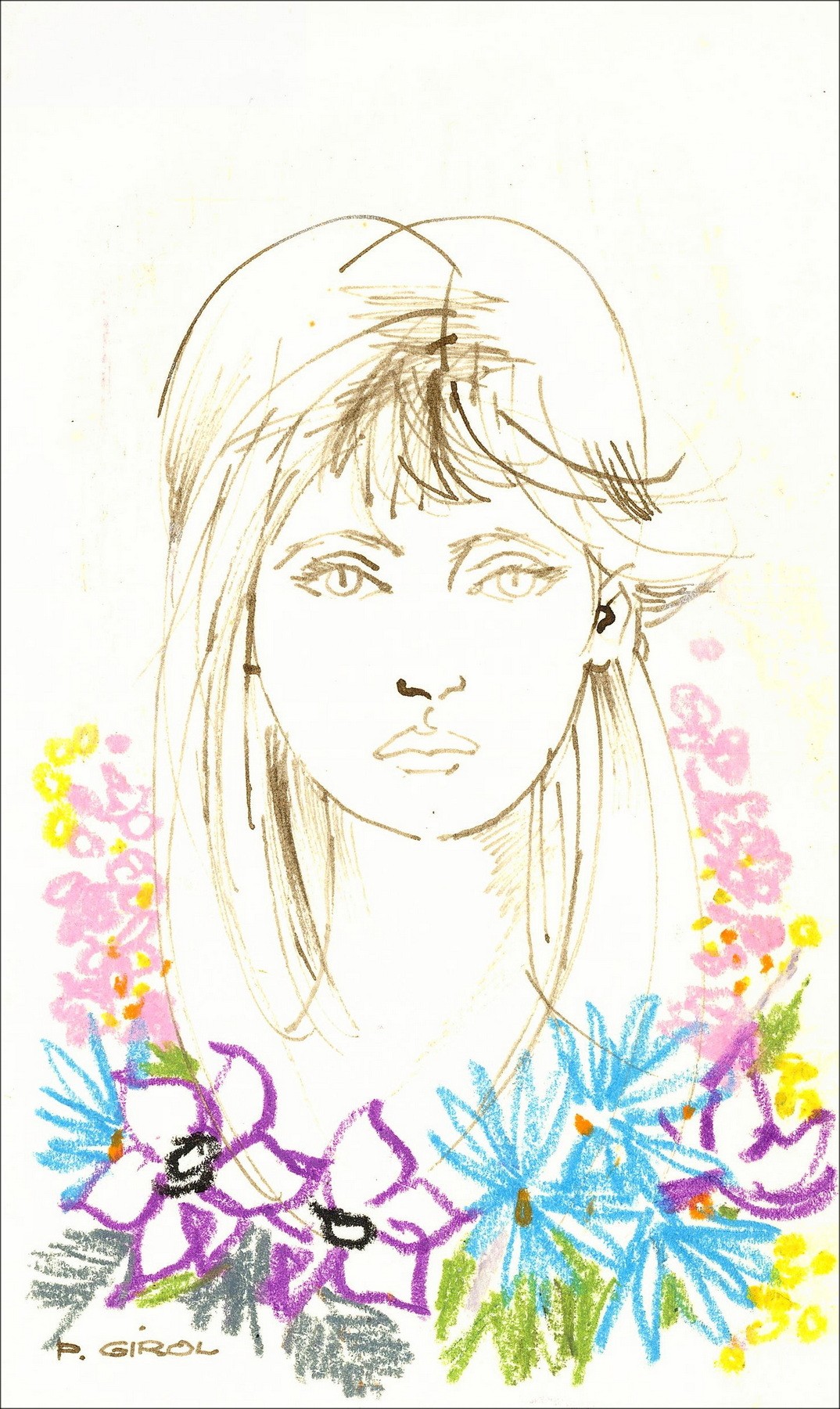 Paul Girol – Retrato con flores, dibujo original