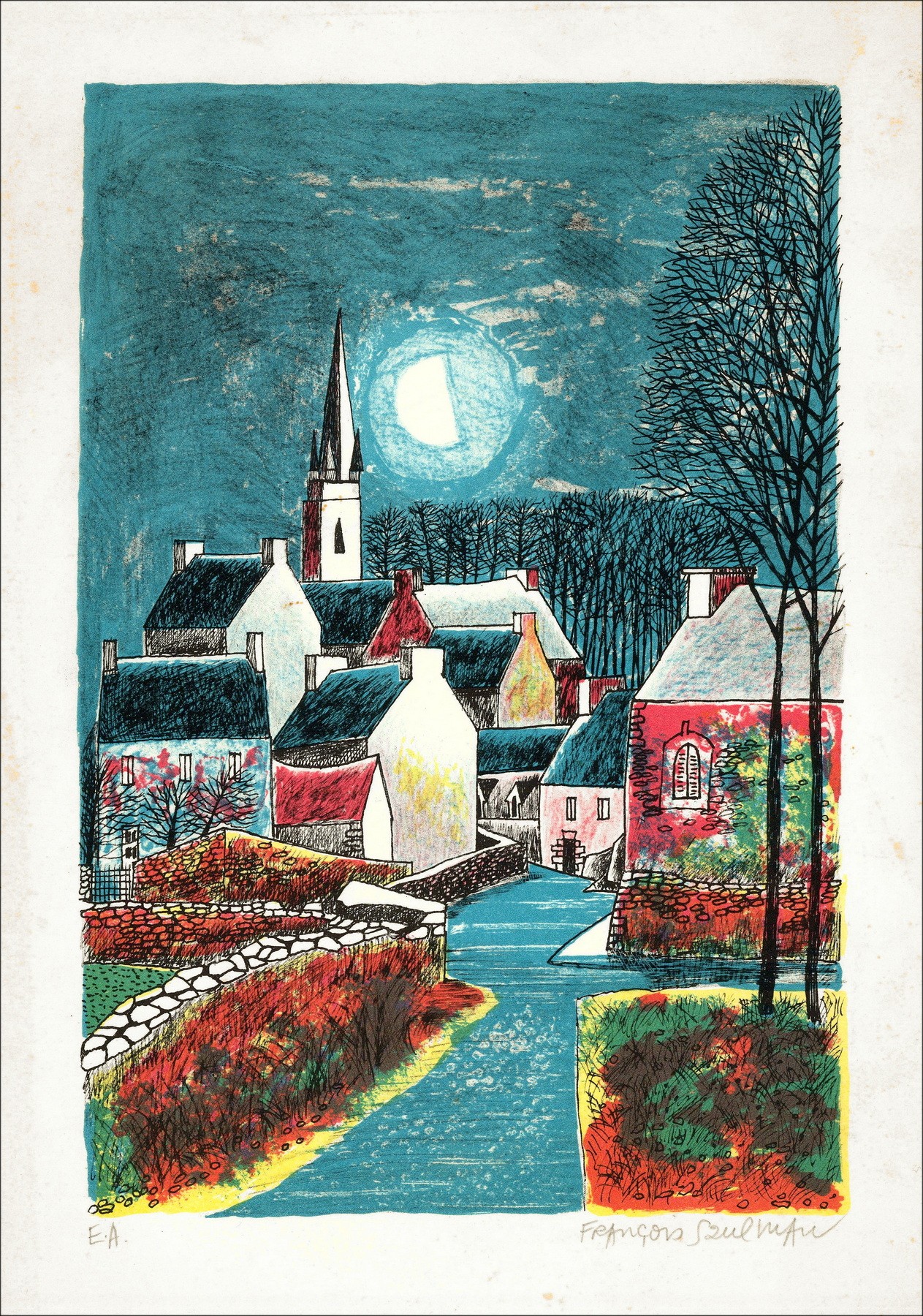 François Szulman - Nacht im Dorf, Lithographie